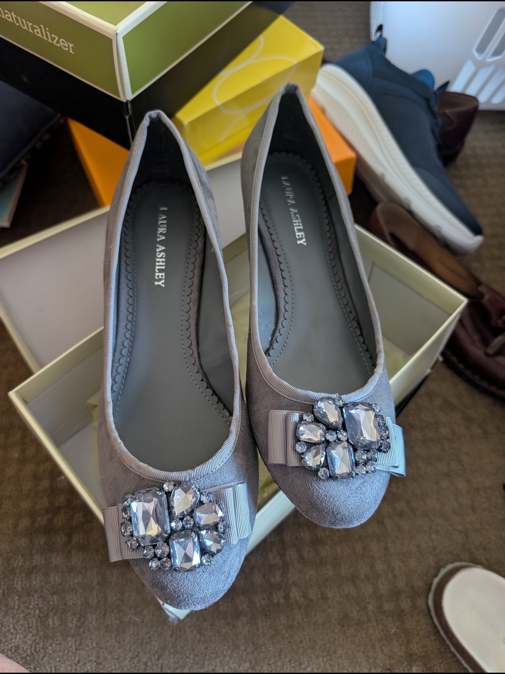 Laura Ashley Light Gray Jeweled Bow Wedges